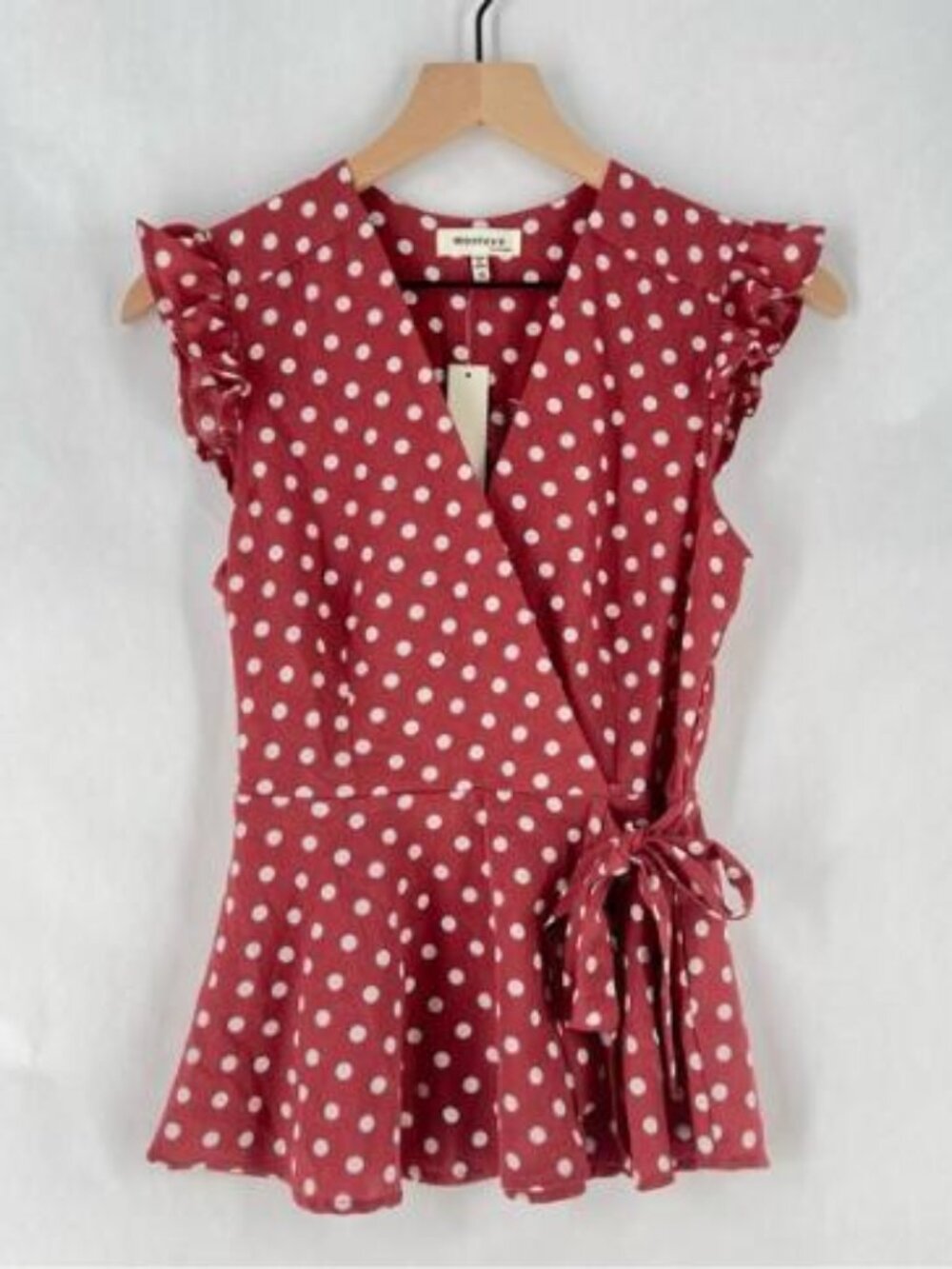 Monteau Pink Polka Dot‎ Ruffle Cap Sleeve Faux Wrap V-Neck Tie Waist Blouse M